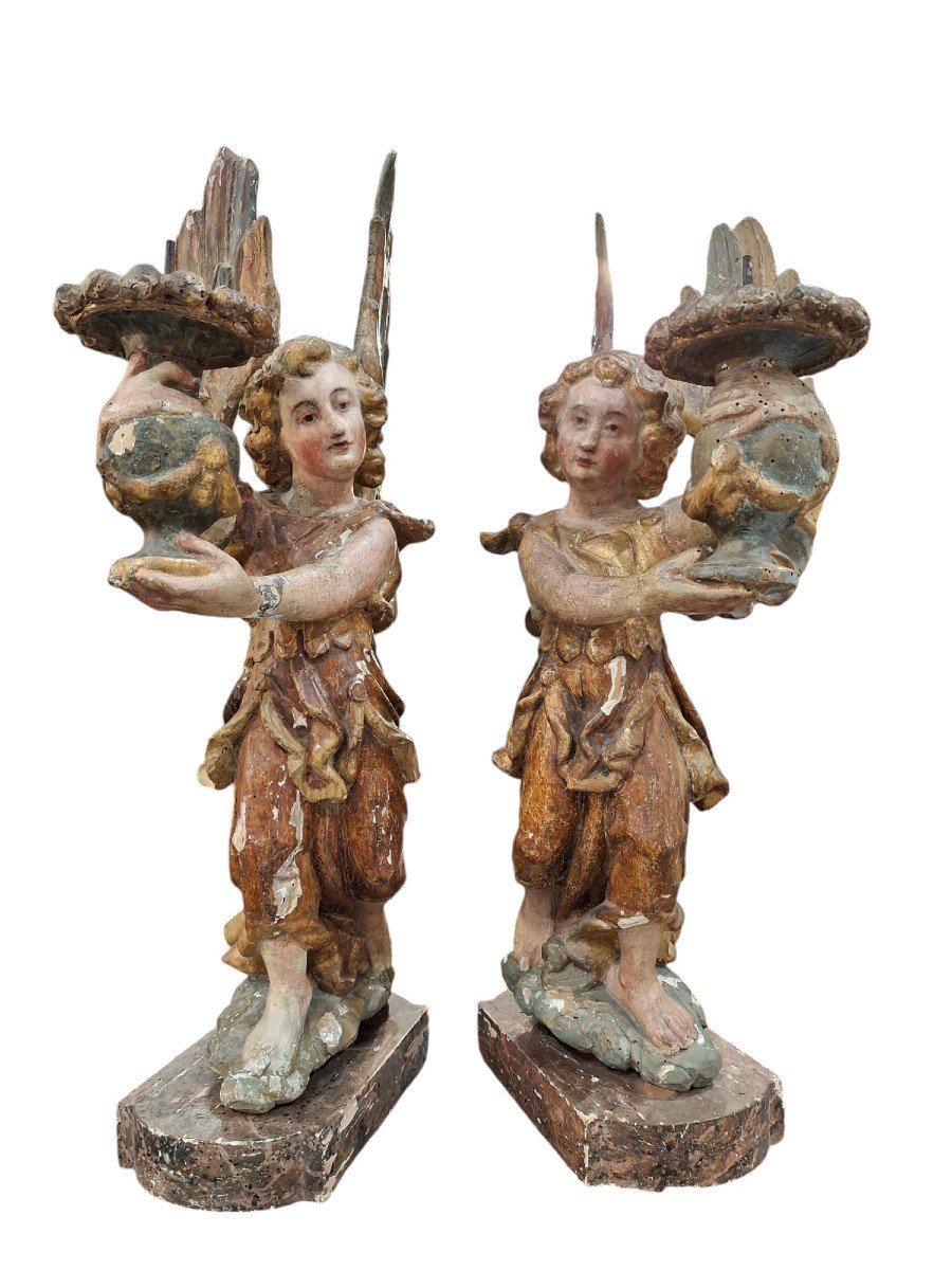 Paire d'Anges Bougeoirs Génuflexés En Bois Sculpté-photo-4