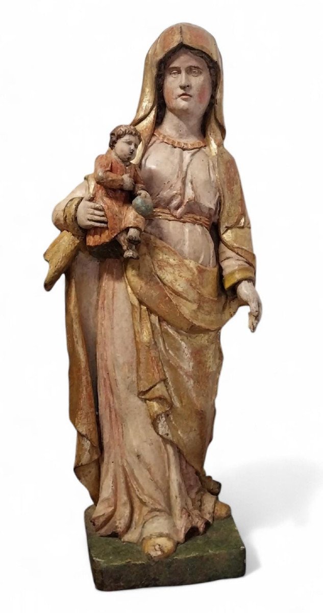 Madonna With Child, Sculpture In Gilded And Lacquered Wood