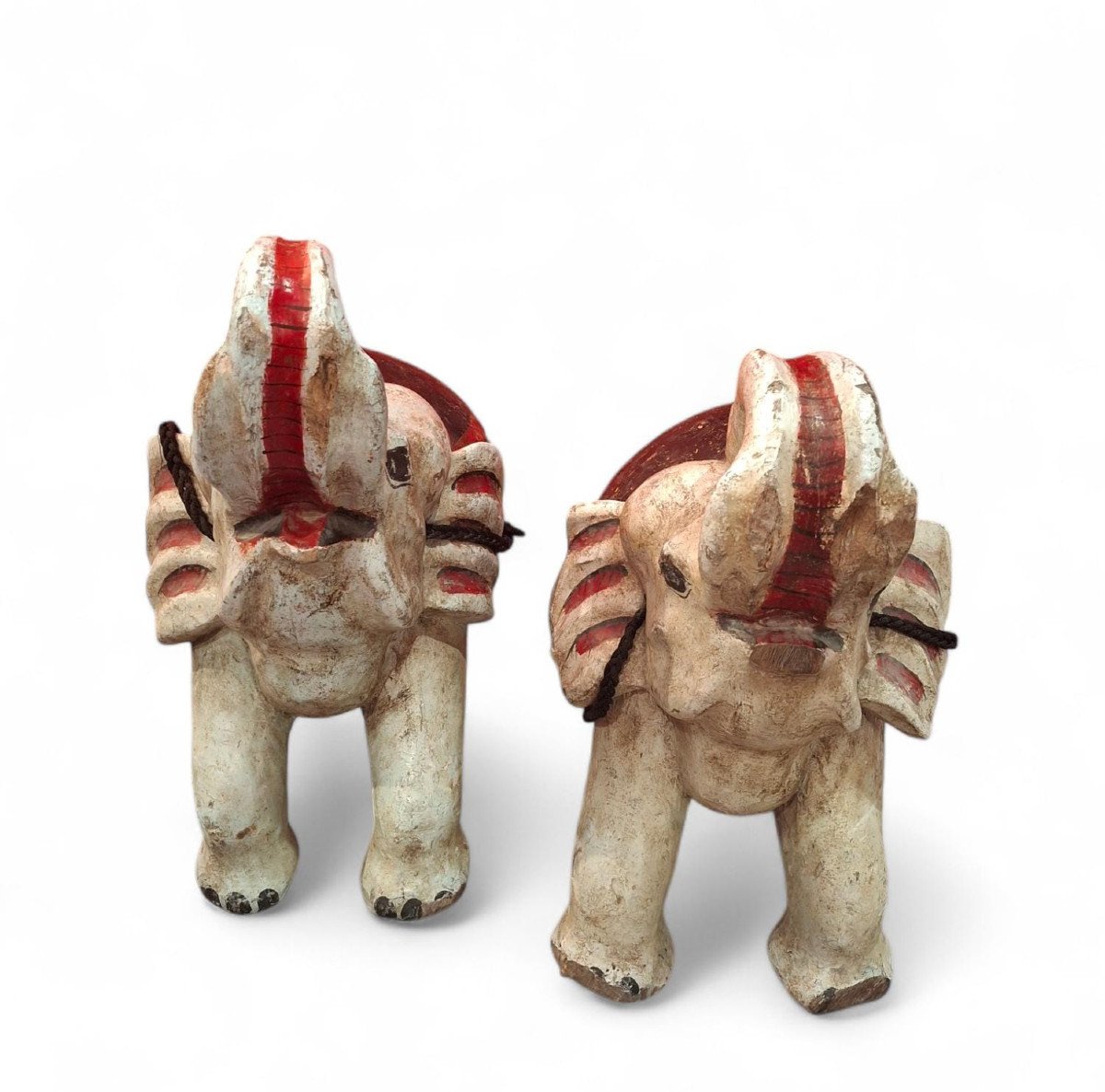 Pair Of Large Carved And Painted Wooden Elephants-photo-2