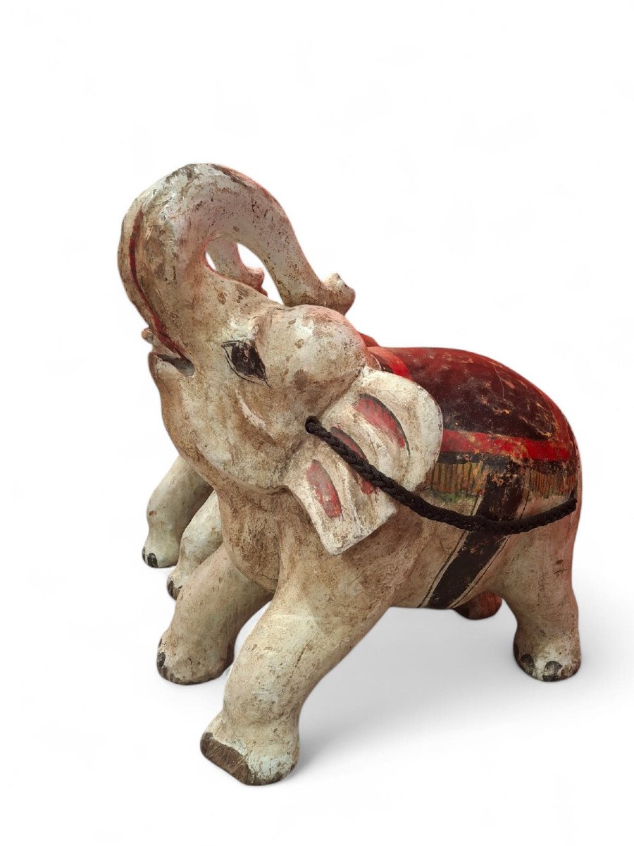 Pair Of Large Carved And Painted Wooden Elephants-photo-3