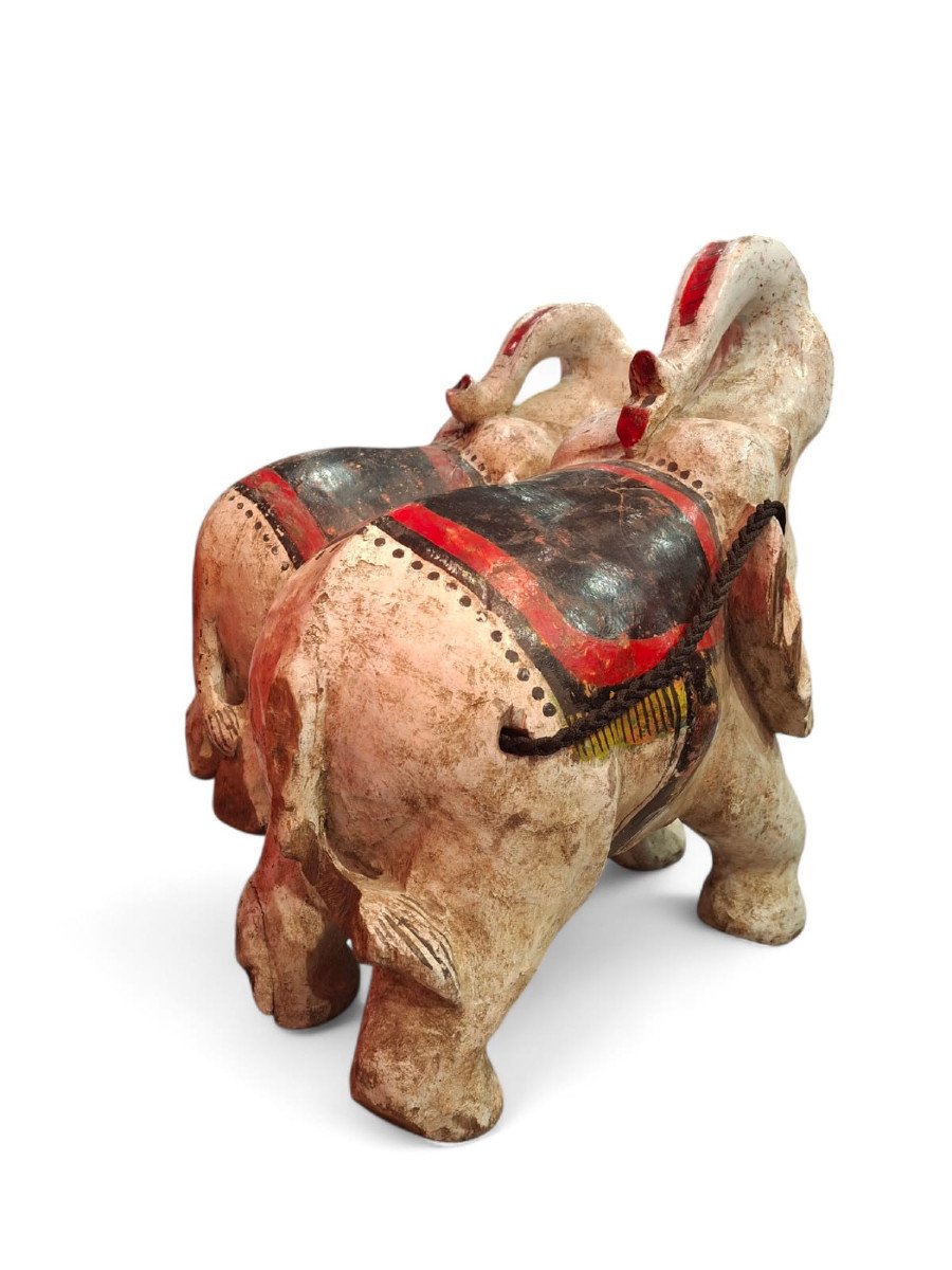 Pair Of Large Carved And Painted Wooden Elephants-photo-4