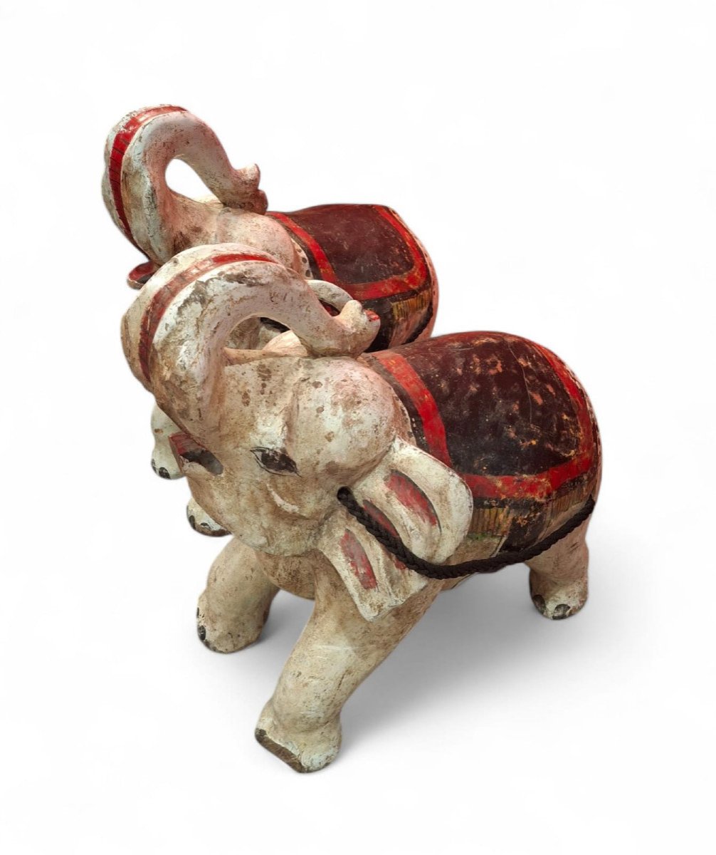 Pair Of Large Carved And Painted Wooden Elephants