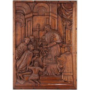 Haut-relief En Bois Sculpté Représentant La Communion De Saint Louis Gonzaga