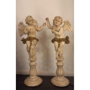 Pair Of Winged Angels In Lacquered Wood