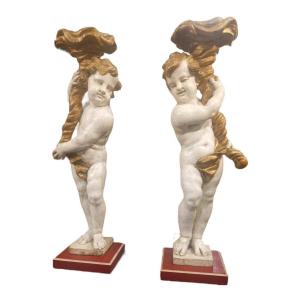 Pair Of Standing Cherubs In "faux Marble" And Gold Lacquered Wood