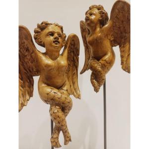 Paire De Petits Anges En Tilleul, Sculptures Françaises