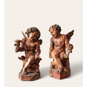 Pair Of Wooden Candle-holding Angels