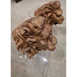 Pair Of Lion Heads Carved In Wood