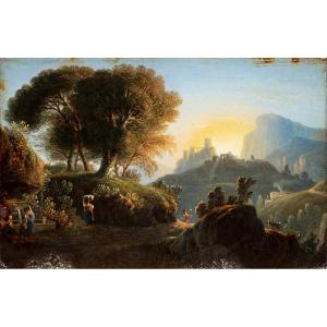 Pair Of Paintings Representing Landscapes With Figures And Animals