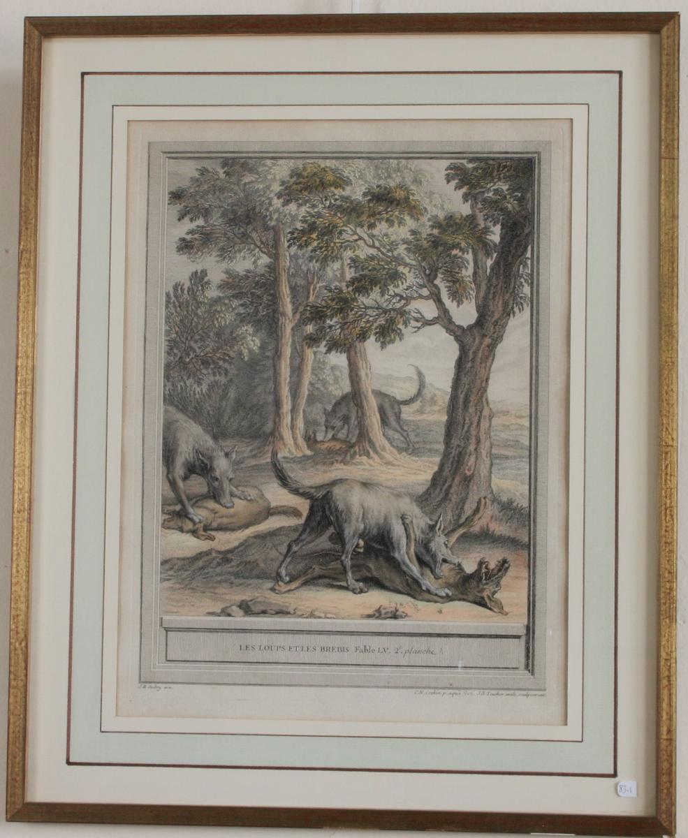 Oudry, Printmaking Color XVIII Eme Framed, Fables De Lafontaine