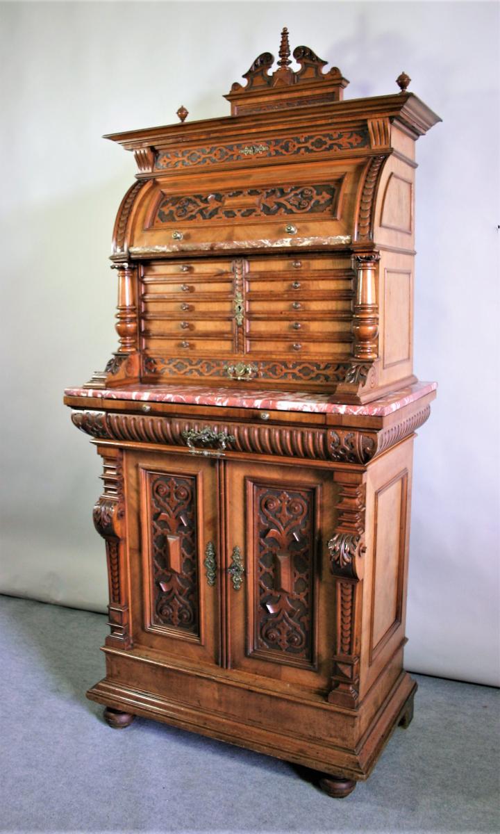 Cabinet With Two Corps Walnut Molded And Carved, Renaissance Style, End Of XIXth Century