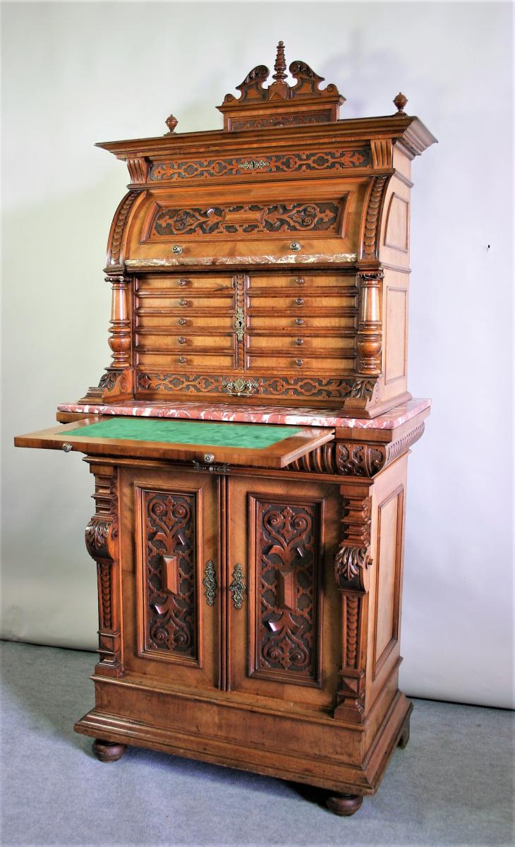 Cabinet With Two Corps Walnut Molded And Carved, Renaissance Style, End Of XIXth Century-photo-2