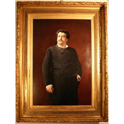 Léon-edouard Romieu (xix) Oil On Canvas, Portrait Man In Foot In A Monumental Framework In