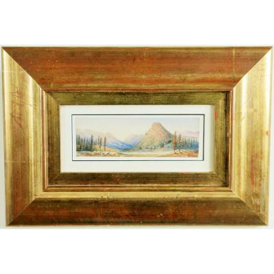 View On The Valley Watercolour, American School In A Large Gold Antique Frame