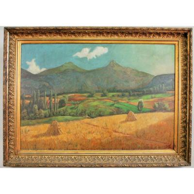 Borel Julien "south Landscape" Oil On Canvas, Frame Golden Beginning Of XX