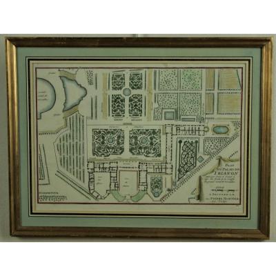 Map Of The Palace Of Trianon, Watercolor Print, 1705, Golden Frame