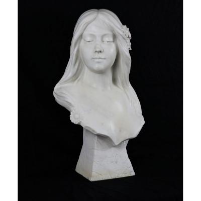 Bust Of Young Girl, White Carrara Marble, Art Nouveau, Signed G.verona