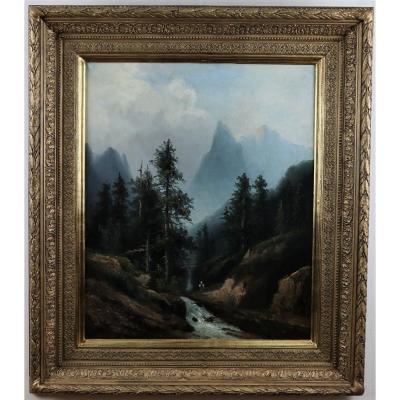 Mountain Landscape In Torrent, Oil On Canvas, French School, Around 1860