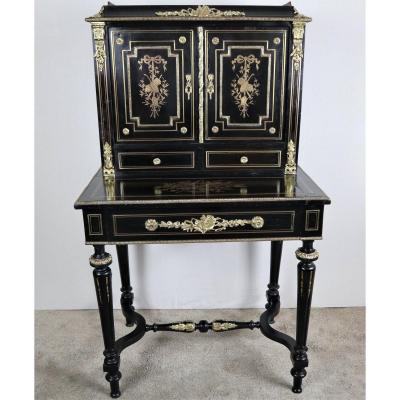 Bonheur Du Jour Blackened Wood, Brass Marquetry, Napoleon III