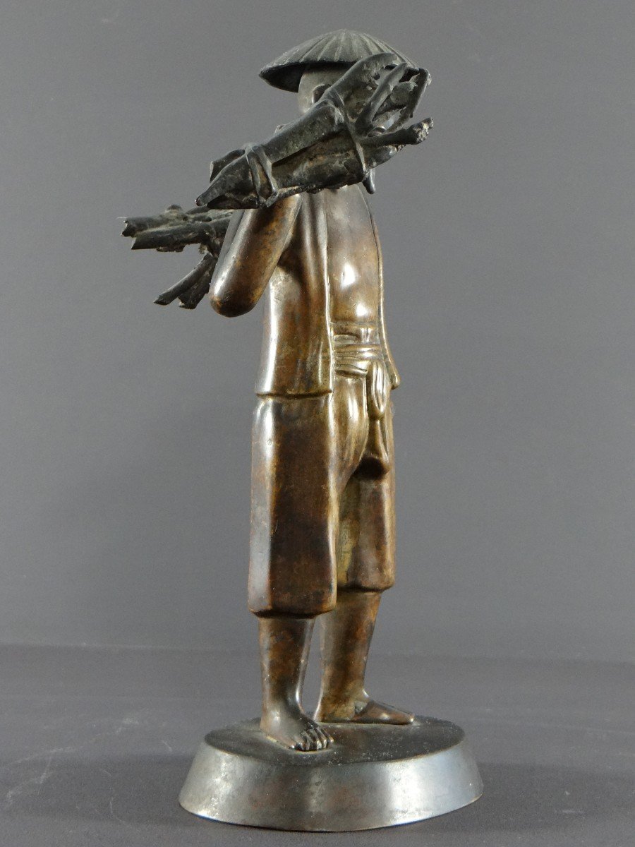 Vietnam, Début Du XXème Siècle, Statuette En Bronze Paysan Porteur De Fagots. -photo-2