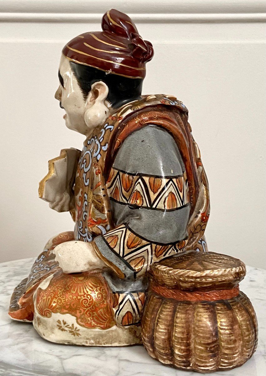 Japan, Late 19th-early 20th Century, Earthenware Statue Of Satsuma Character With Basket.-photo-1