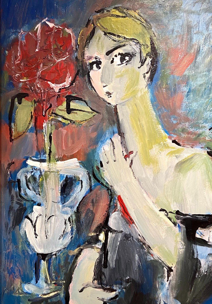 Mario Bonamici (1912-2002), Young Elegant Painting At La Fleur Rouge.-photo-3