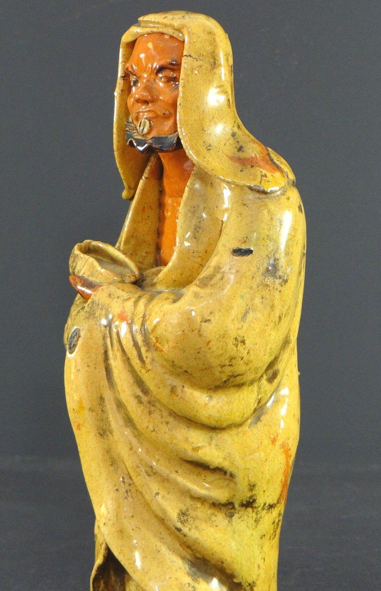 China, Beginning Of The 20th Century, Arhat Statue In Glazed Earth.-photo-3