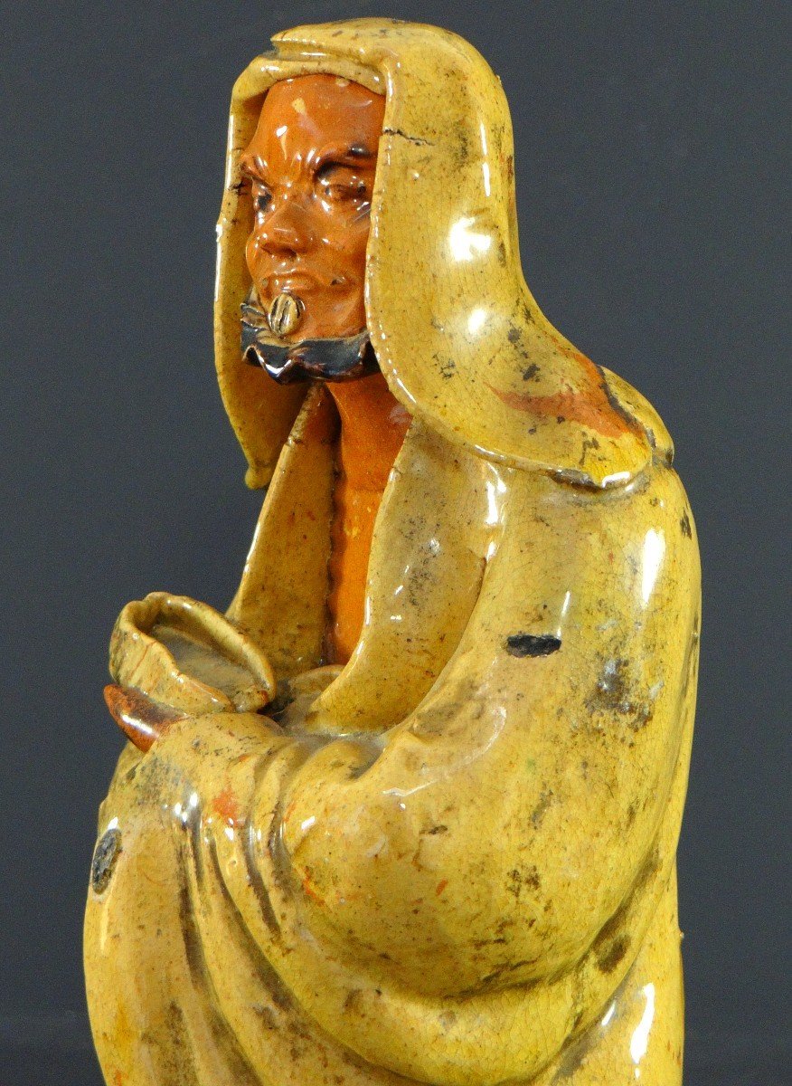 China, Beginning Of The 20th Century, Arhat Statue In Glazed Earth.-photo-4