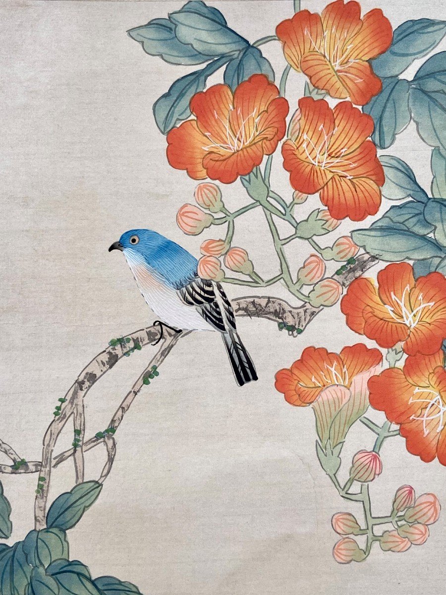 Chine, Années 1950, Peinture Sur Soie Oiseau Parmi Les Branches En Fleur. -photo-1