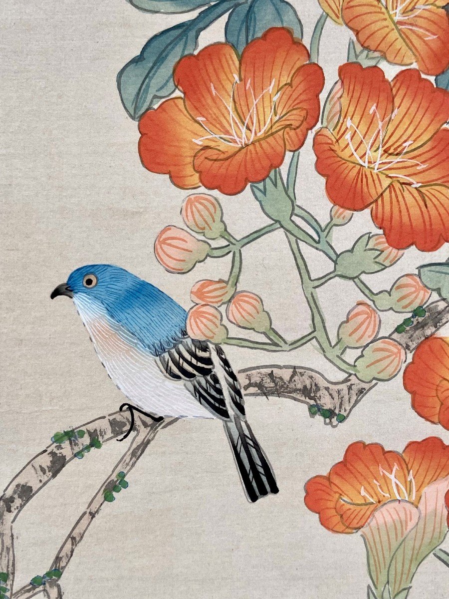 Chine, Années 1950, Peinture Sur Soie Oiseau Parmi Les Branches En Fleur. -photo-2