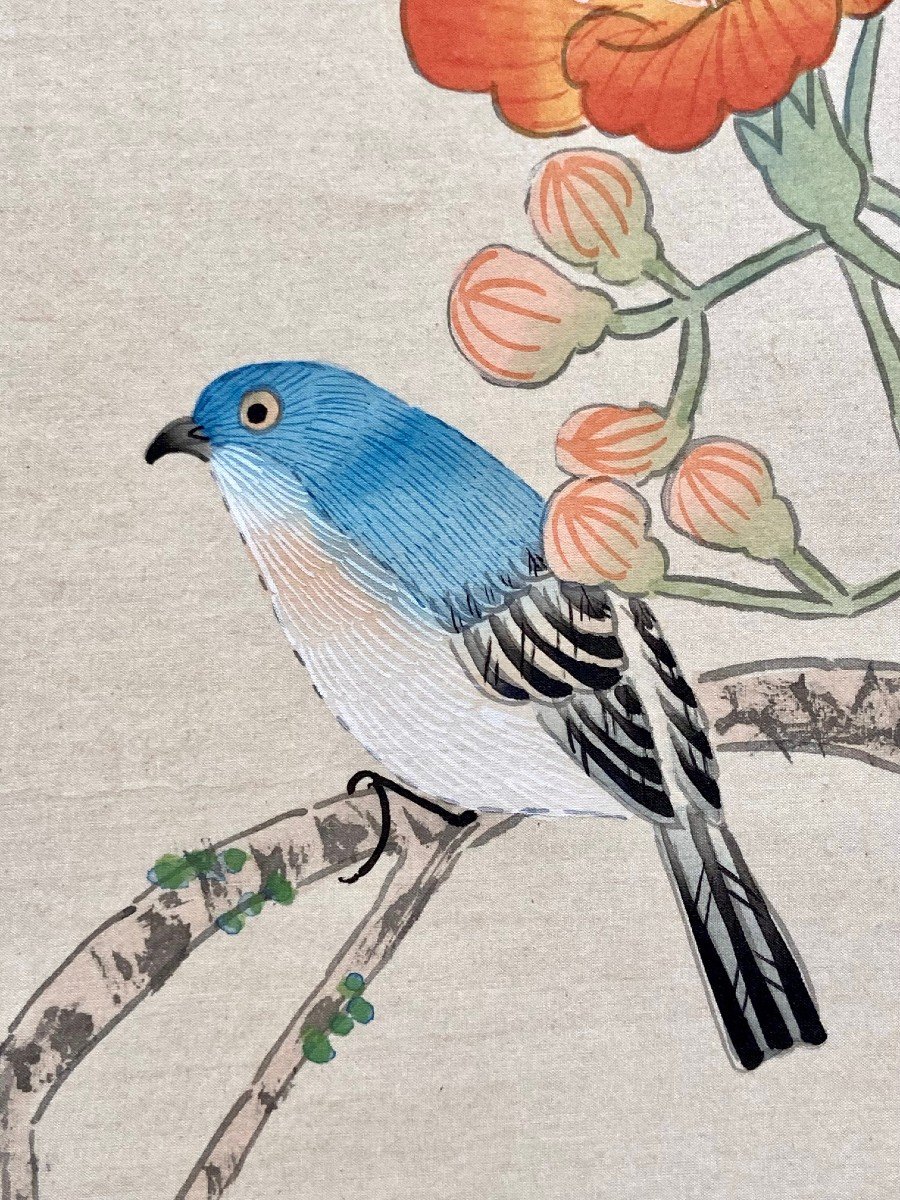 Chine, Années 1950, Peinture Sur Soie Oiseau Parmi Les Branches En Fleur. -photo-3