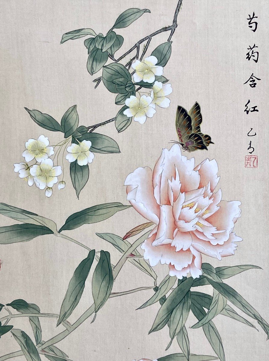 China, 1950s, Butterfly Silk Painting Among Vegetation And Flowers.-photo-3