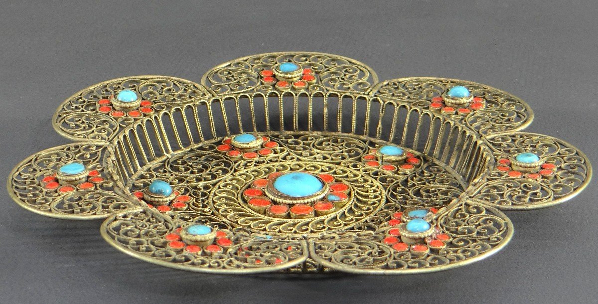 Tibet, Mid-20th Century, Filigree Metal Cup Decorated With Turquoise And Coral Beads.-photo-2