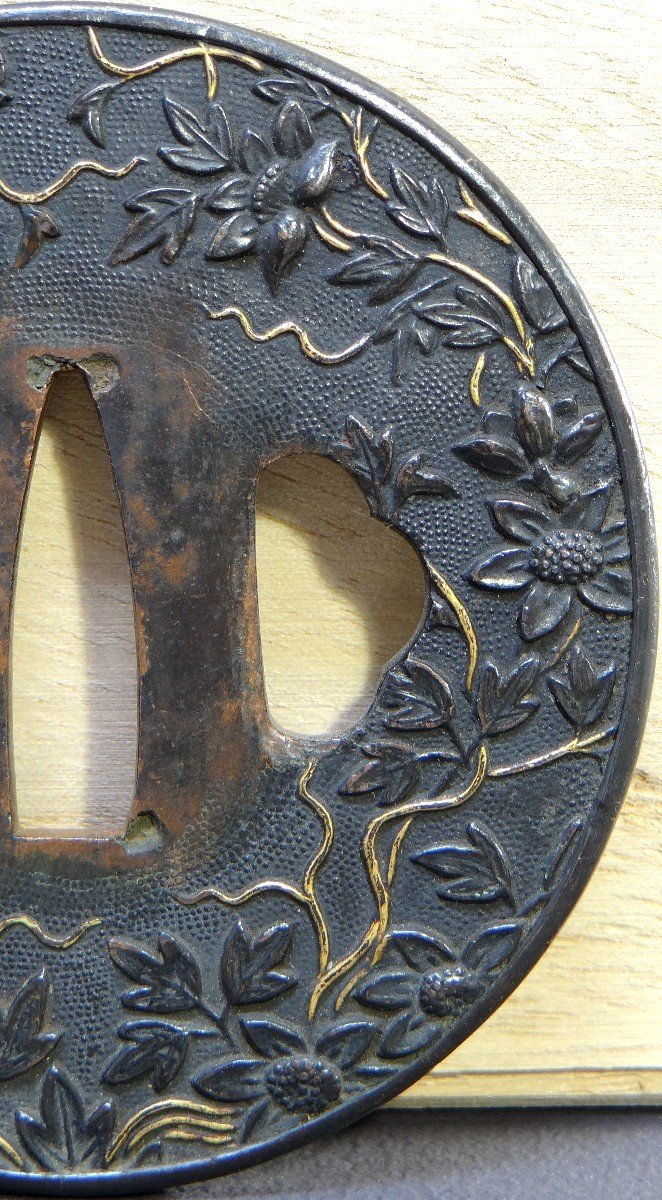 Japan, End Of The Edo Period (1603-1868), Samurai "tsuba" Saber Guard In Shakudo.-photo-2