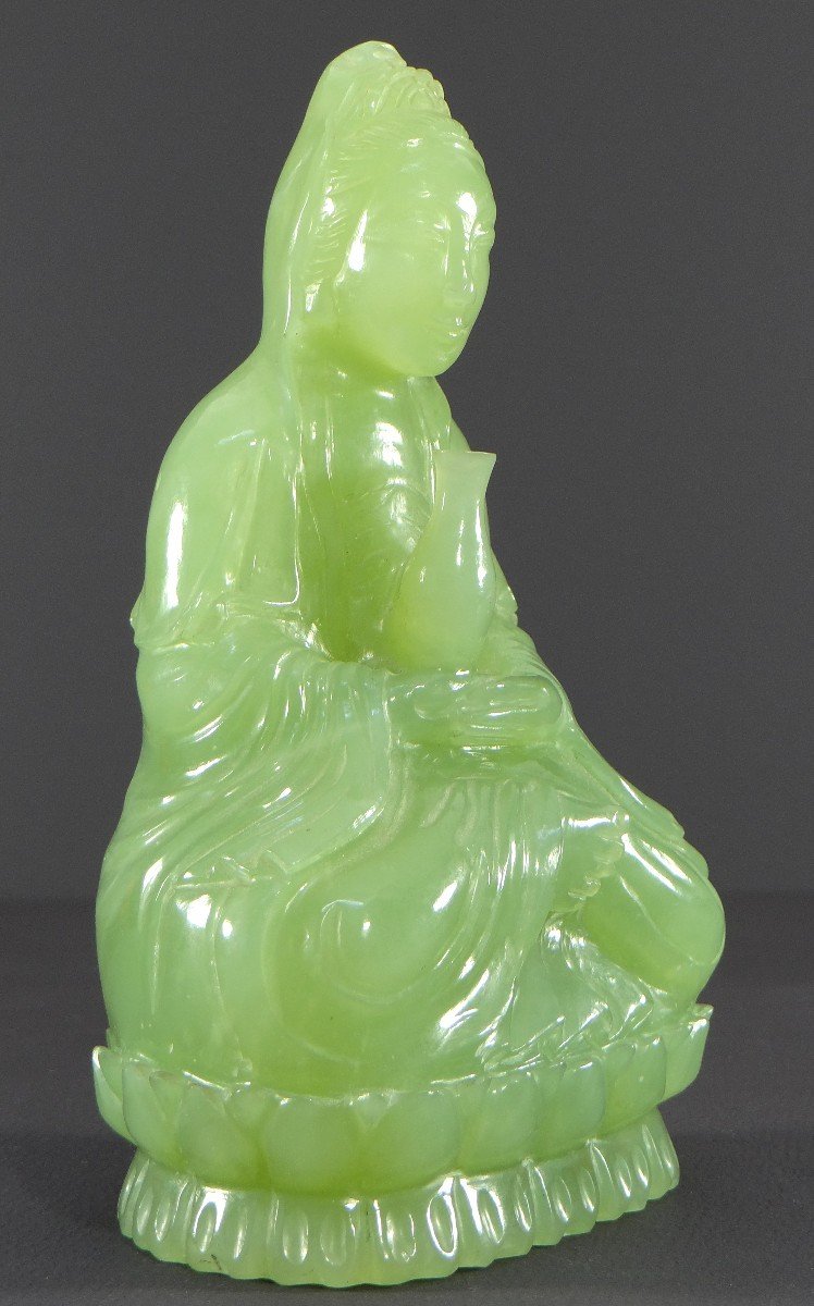 Chine, Années 1950/1960, Statue En Jade De Kwan Yin, Bodhisattva De La Compassion.-photo-2