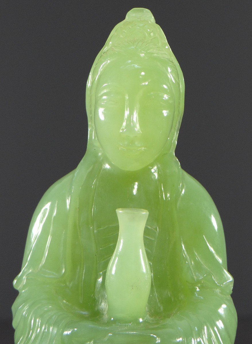 Chine, Années 1950/1960, Statue En Jade De Kwan Yin, Bodhisattva De La Compassion.-photo-4