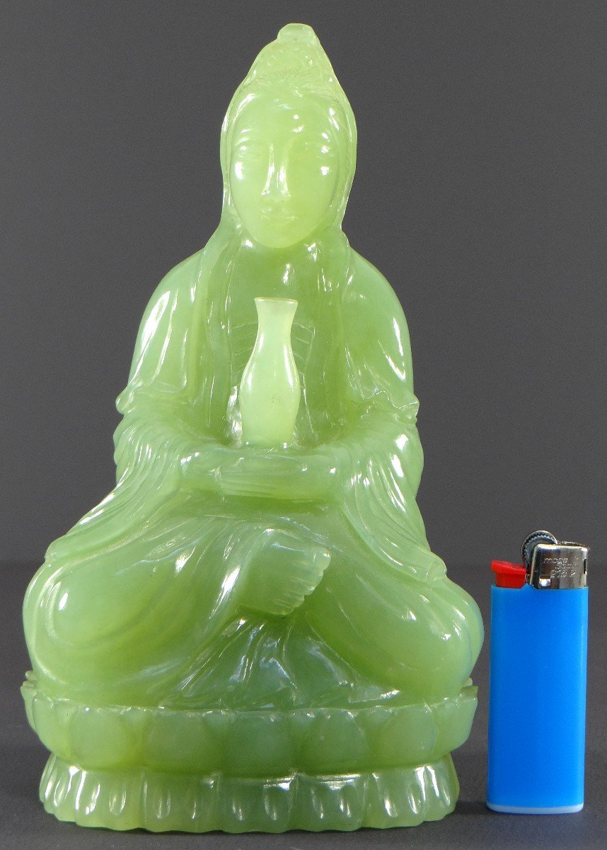 Chine, Années 1950/1960, Statue En Jade De Kwan Yin, Bodhisattva De La Compassion.-photo-8