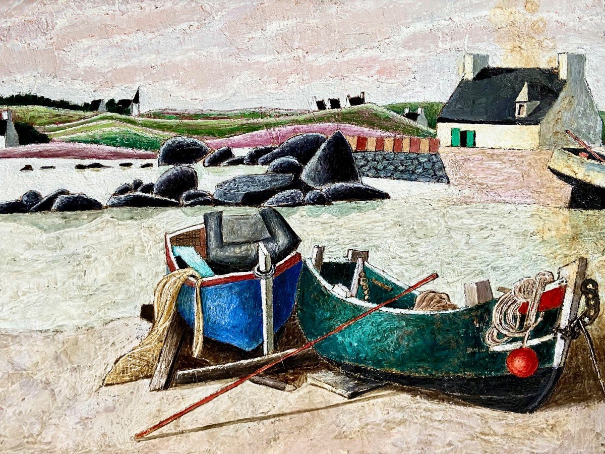 François Szulman, Tableau Années 1970, Vue De Port "barques Bretonnes".-photo-2