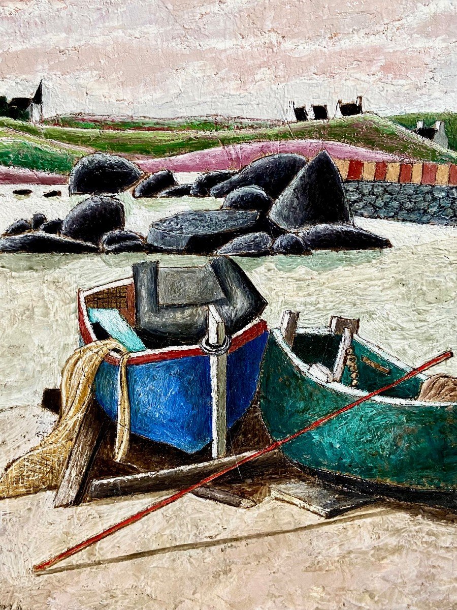 François Szulman, Tableau Années 1970, Vue De Port "barques Bretonnes".-photo-3