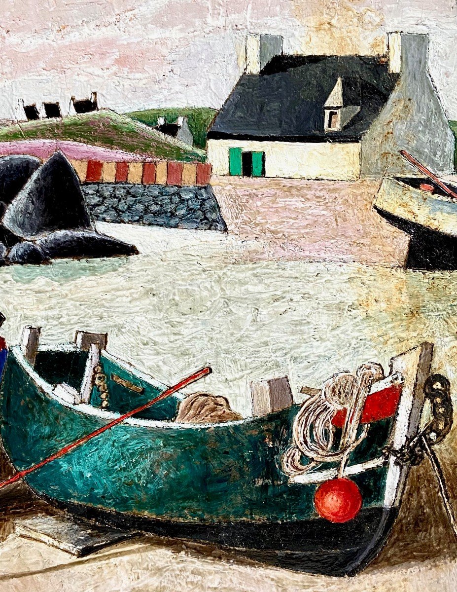 François Szulman, Tableau Années 1970, Vue De Port "barques Bretonnes".-photo-2