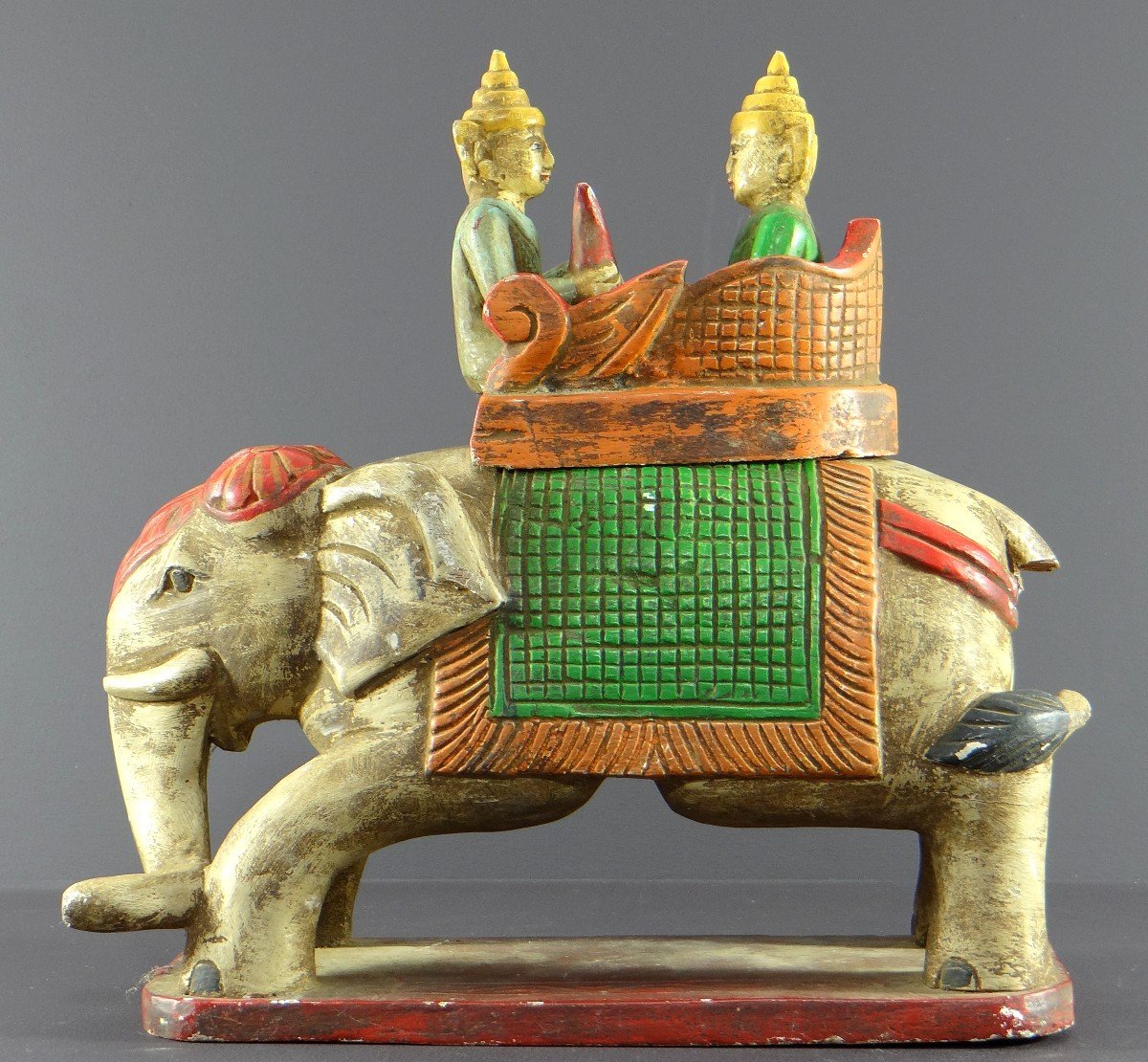 Burma, 1950s, Polychrome Wooden Group Of Harnessed Elephant And Two Dignitaries.-photo-3