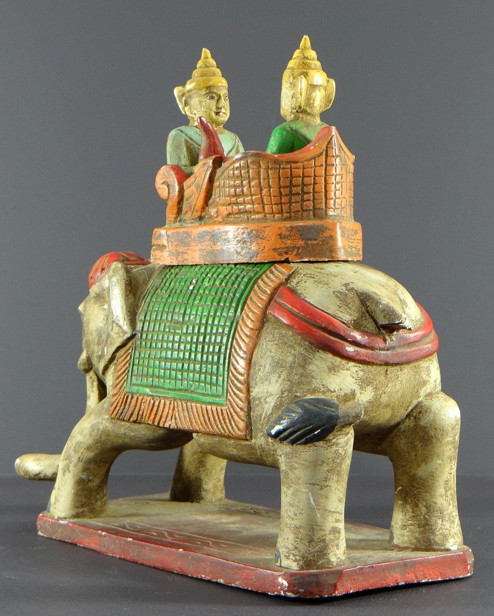 Burma, 1950s, Polychrome Wooden Group Of Harnessed Elephant And Two Dignitaries.-photo-1