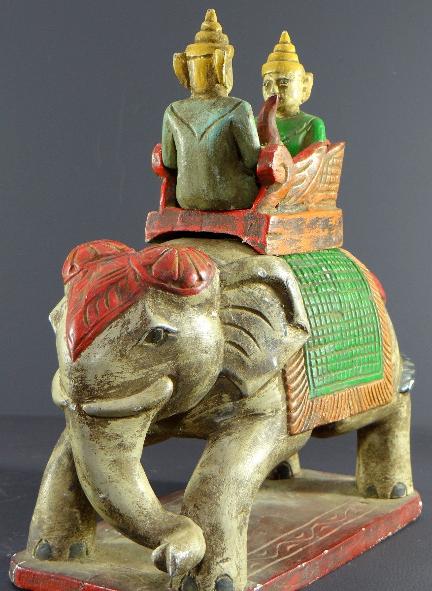 Burma, 1950s, Polychrome Wooden Group Of Harnessed Elephant And Two Dignitaries.-photo-3