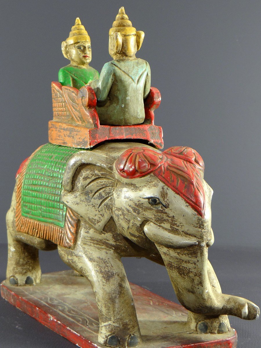 Burma, 1950s, Polychrome Wooden Group Of Harnessed Elephant And Two Dignitaries.-photo-4