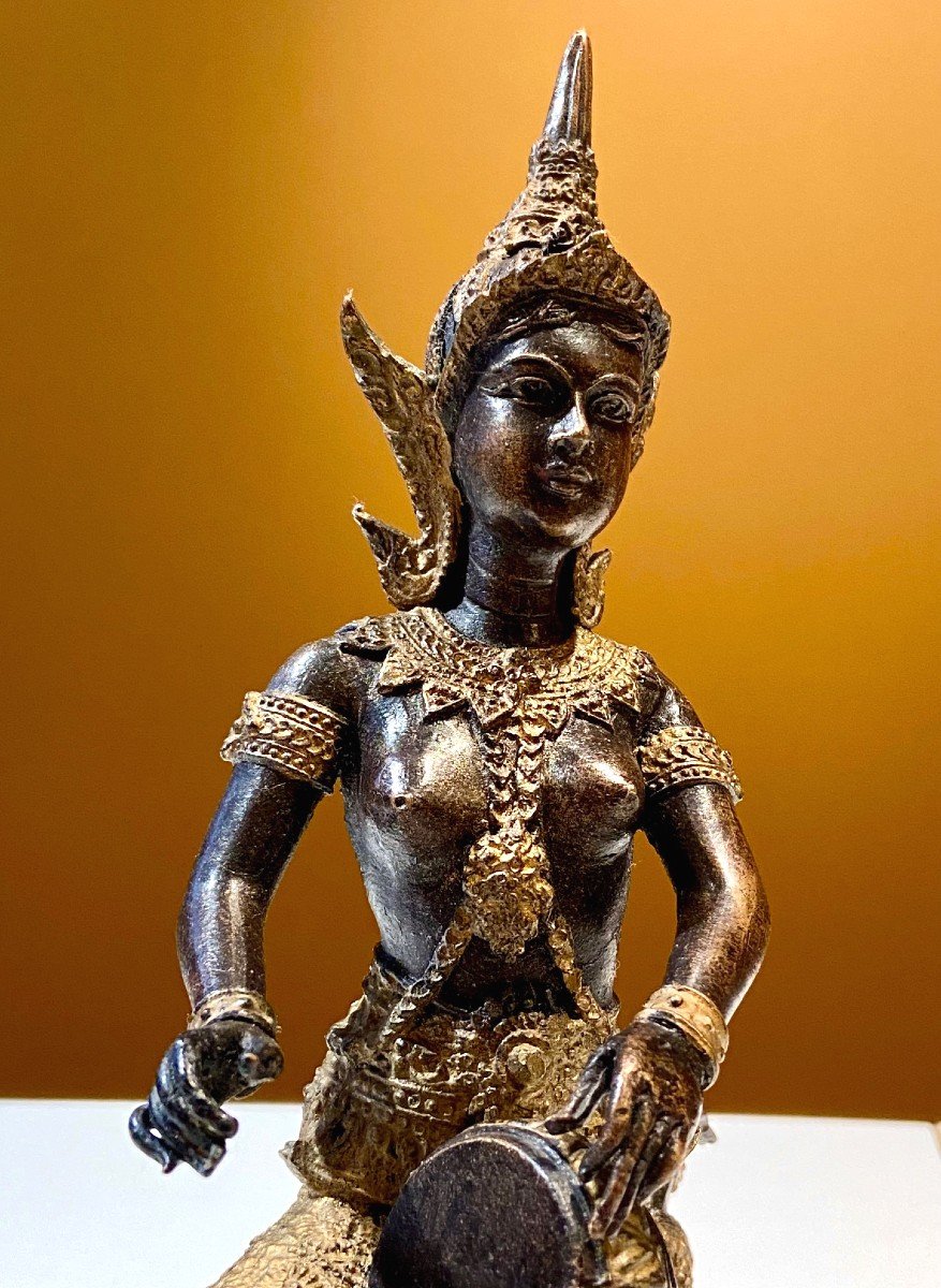 Thailand, Mid-20th Century, Bronze Musician Statue With Dark And Gold Patina.-photo-3