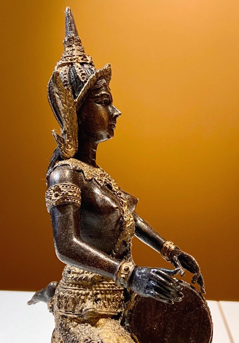 Thailand, Mid-20th Century, Bronze Musician Statue With Dark And Gold Patina.-photo-4