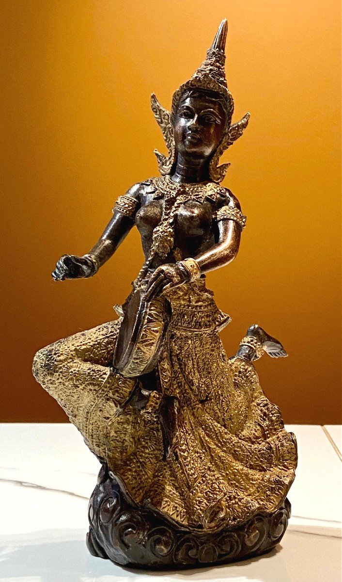 Thailand, Mid-20th Century, Bronze Musician Statue With Dark And Gold Patina.