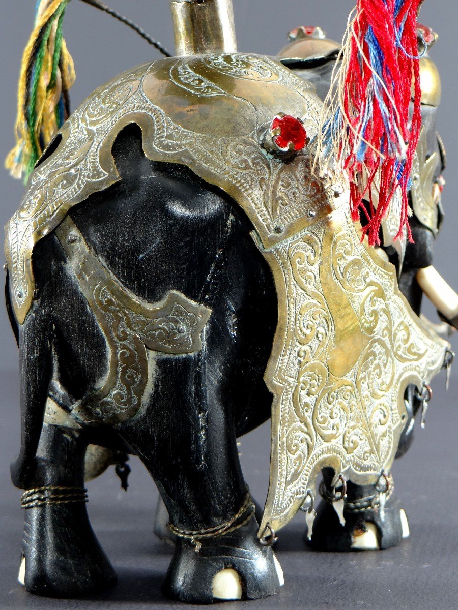 India, First Third Of The 20th Century, Harnessed Elephant Statue In Ebony, Brass, Bones And Stones-photo-6