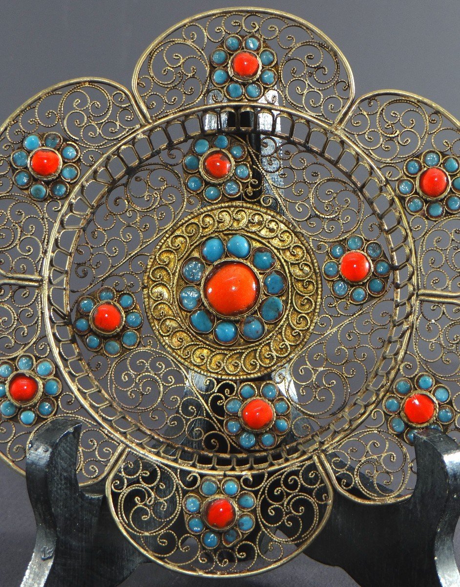 Tibet, Mid-20th Century, Filigree Metal Cup Decorated With Turquoise And Coral Beads.-photo-2