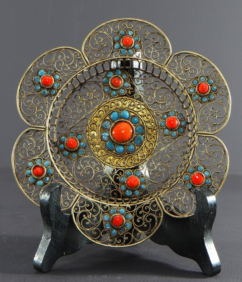 Tibet, Mid-20th Century, Filigree Metal Cup Decorated With Turquoise And Coral Beads.